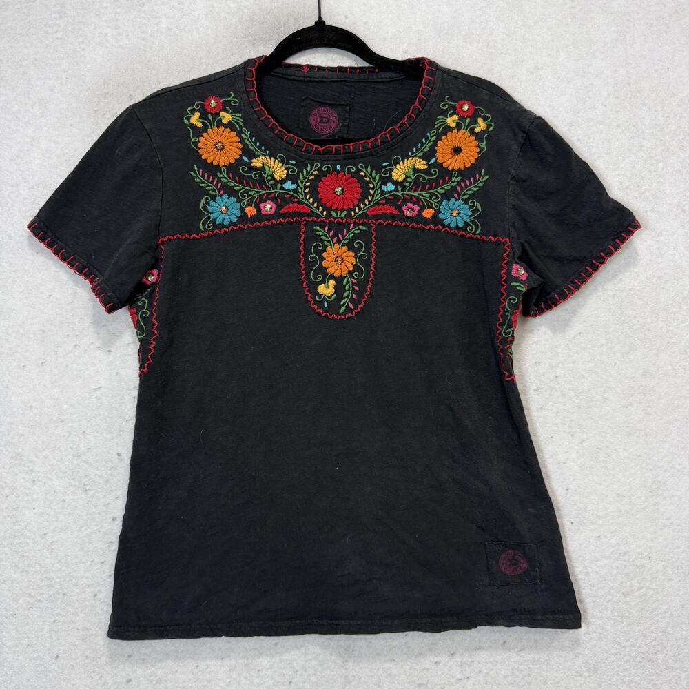 Double D Ranchwear T-Shirt Womens Large Black Embroidered Floral Boho Rhinestone